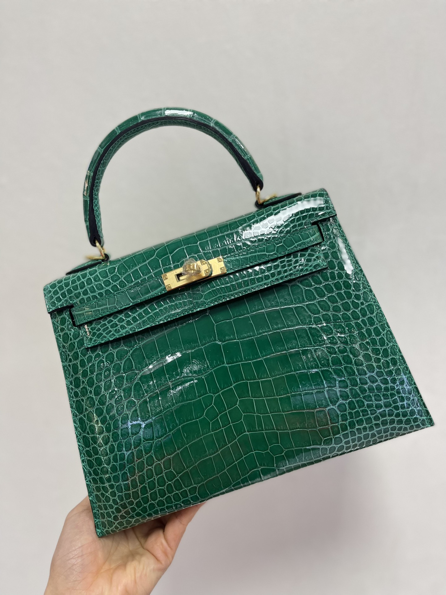 Hermes Kelly 25cm Handbag Shoulder Bag In Vert Emeraude Shiny Crocodile Niloticus Leather